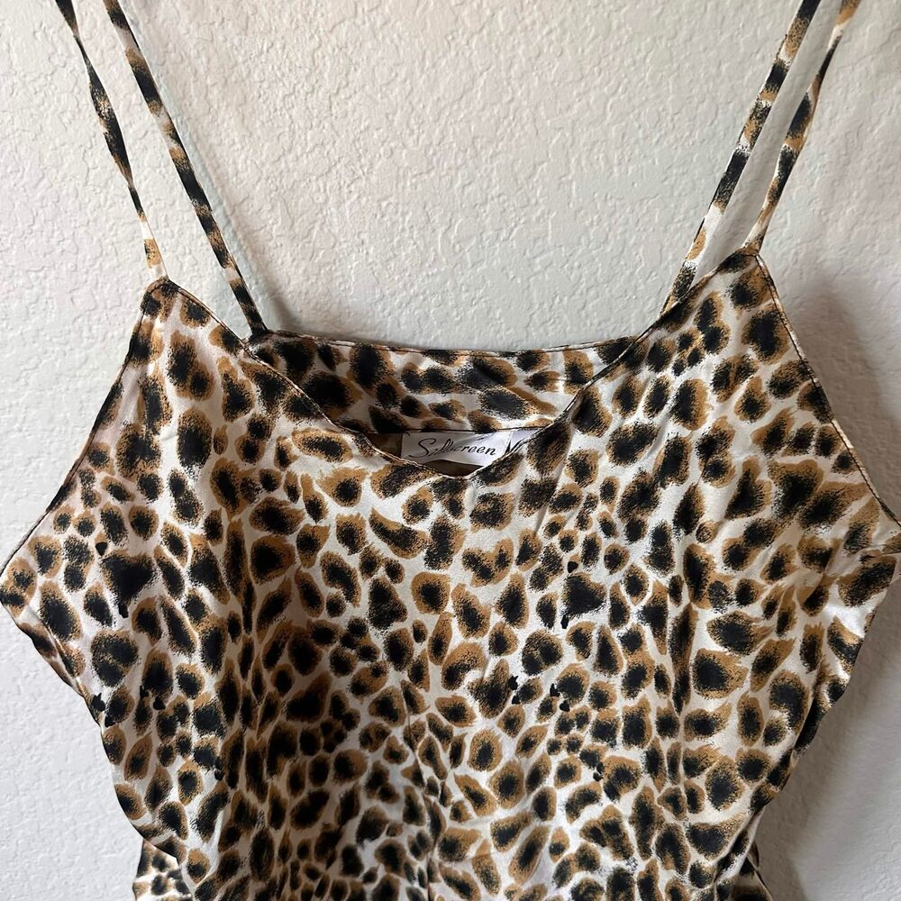 Vintage Y2K Silkscreen 100% Silk Leopard Print Lace Trim Cami Large Whimsigoth - Picture 2 of 7